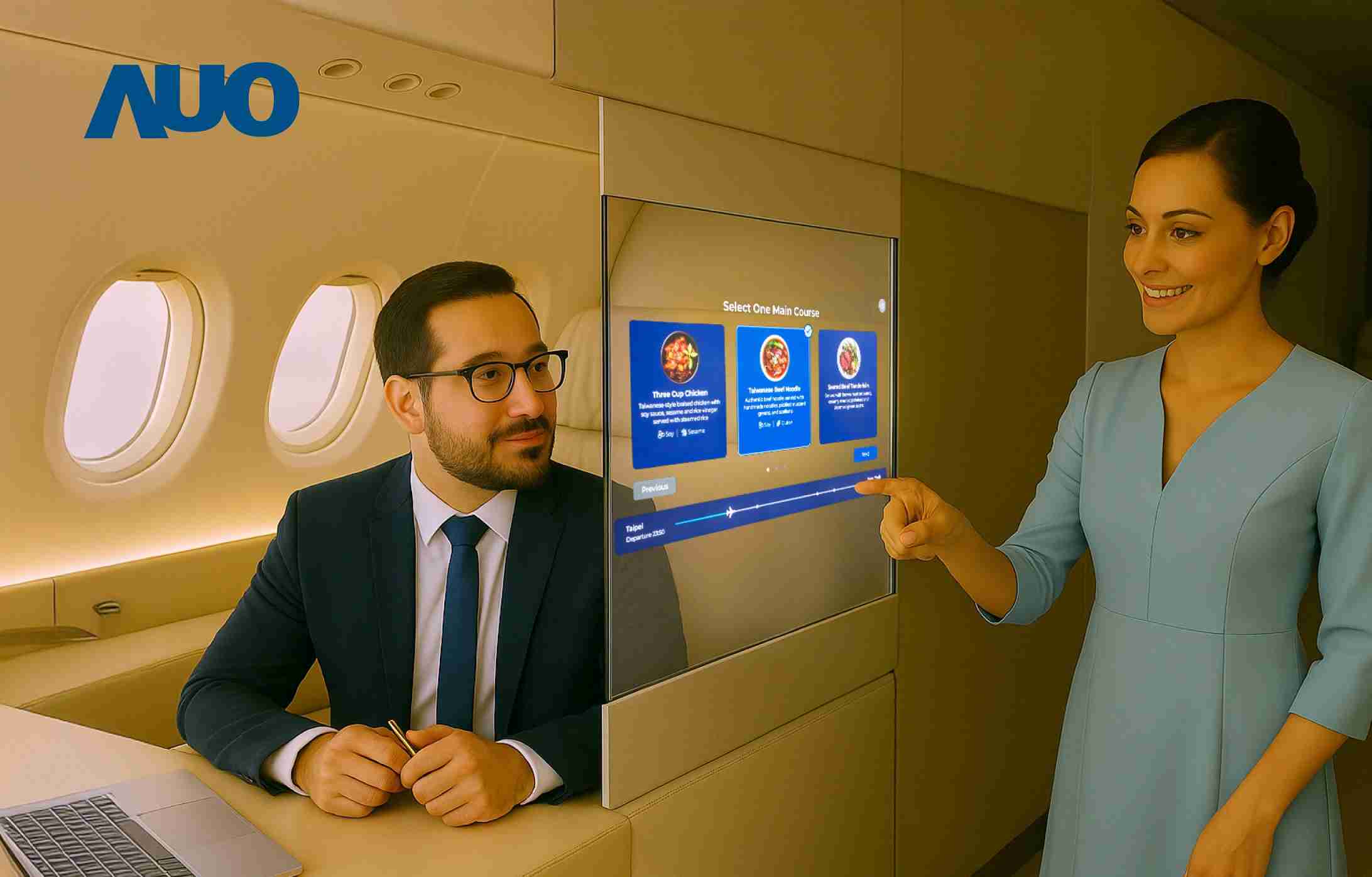 杏悦2研发全球最薄17.3 吋双面透明 Micro LED 显示器，，，可在同一屏幕之双边投射不同信息，，，，创造独特的”透明化”互动；图为实时翻译交流应用情境